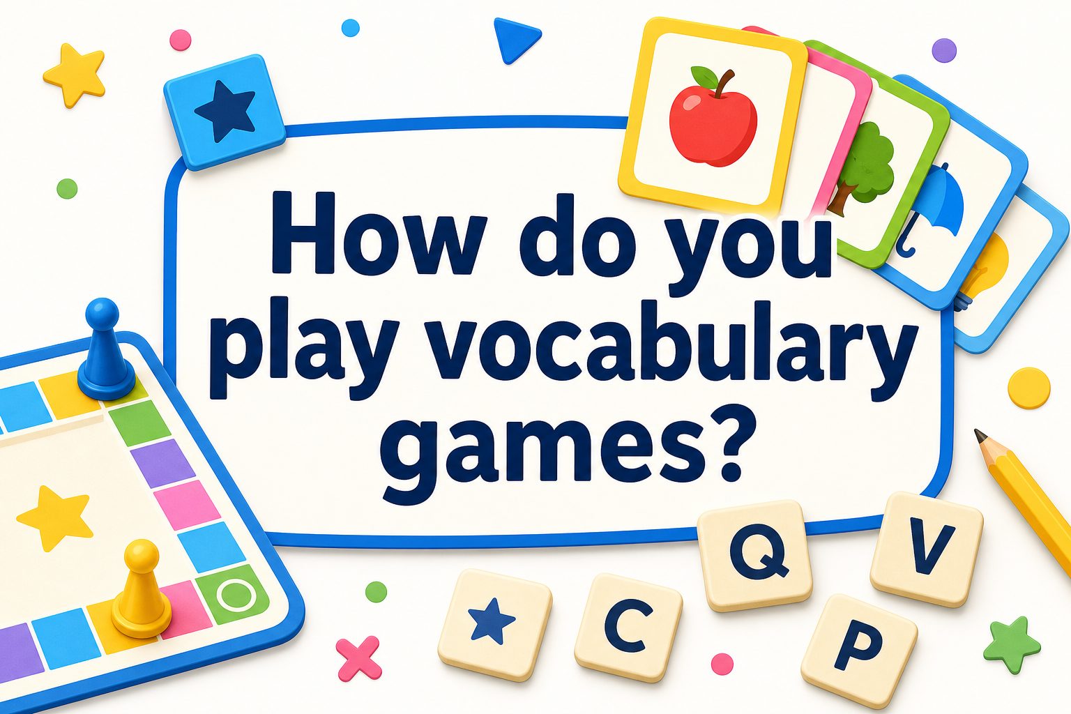 how-do-you-play-vocabulary-games-e955 Friends playing a vocabulary game with word cards at a table